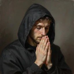 a portrait of an hooded man praying, Matte painting , detailed painting, made by Greg Rutkowski, 4k, atmospheric