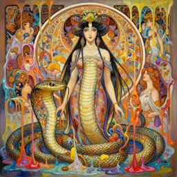an hiper intricate oil portrait of a beautifull snake godess surounded by melting colorfull wax drips, colorfull, excelent composition, wide shot, by yoshitaka amano, by ellen jewett, by greg rutkowski, by alphonse mucha by jeremyg lipkinng, by rhads, by ross tran, artstation, octane render