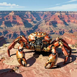 comic book drawing of a giant mechanical robot crab at the grand canyon by jack kirby!!! and simon bisley, epic, awesome trendy color palette, black ink outlines