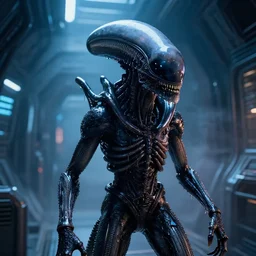 2 8 mm closeup portrait of a wet slimy dripping black metallic chrome lovecraft xenomorph alien with glowing eyes in science fiction spaceship hallway, dramatic lighting, octane, blue lights, lens flare, industrial, dirty, trending on artstation, golden ratio, h. r. giger, mist, action, volumetric lighting