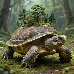 a huge ancient turtle with a forest on top of its shell, greg rutkowski, 8 k, shallow depth of field, intricate detail, concept art,