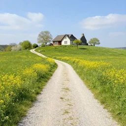 blooming gravel path, house on a hill, digital art