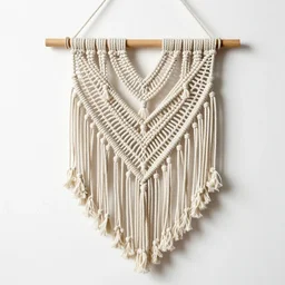 polished macrame wall hanging, high detail macro photography, isolated on a pure white background, centered, entire object in frame, sharp focus, soft studio lighting