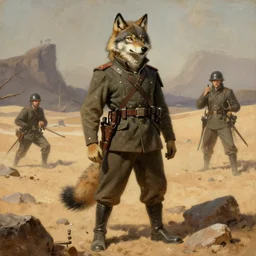 anthropomorphic furry wolf soldier in a desert wasteland during world war 1, character design, painting by gaston bussiere, craig mullins, j. c. leyendecker, tom of finland