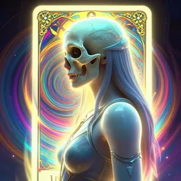 side portrait, imogen poots, skull warrior, gloomhaven, soft, smooth, luminescent, art nouveau tarot, backlit glow, colorful swirly ripples, gaudy colors, aesthetic octane render, unreal engine, 8 k, by greg rutkowski, jesper ejsing, rhads, ilya kuvshinov, cushart krenz