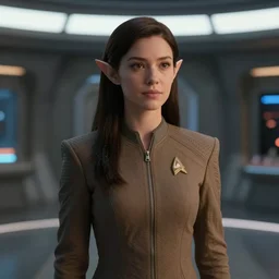 4K video of young attractive high-fantasy elf woman in Star Trek, scene where she is on Deep Space Nine's Promenade, photorealistic, soft light, cinematic lighting, sharp, camera