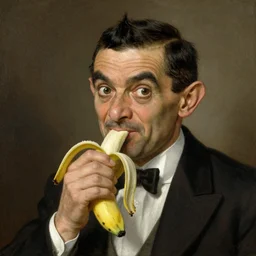 A portrait of strabismus Mister Bean eating a banana, painted by Rembrandt.