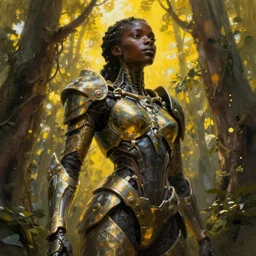hyperrealistic super expressive! black woman with detailed exoskeleton armor, merging with tree in a forest, digital painting masterpiece brad kunkle hannah yata dramatic yellow light low angle hd 8k sharp focus