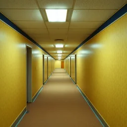photo of long winding hallways with bland yellow wallpaper and soggy carpet bright fluorescent lighting overhead never - ending hallways lots of turns and doors, 8 k 3 2 mm f 8