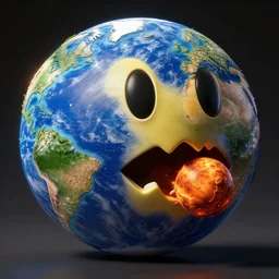 earth with a pacman face eating mars, au naturel, hyper detailed, digital art, trending in artstation, cinematic lighting, studio quality, smooth render, unreal engine 5 rendered, octane rendered, art style by klimt and nixeu and ian sprigger and wlop and krenz cushart.