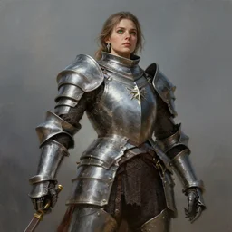 highly detailed full body portrait painting of a proud young female knight wearing heavy armour in the style of Warhammer Fantasy by Craig Mullins, medium hair, green eyes, earrings, low angle shot, highly detailed, trending on artstation, cgsociety, 4k, 8k, HDR, octane render, unreal engine