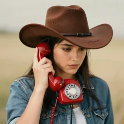 red dial telephone wearing a brown cowboy hat, cowboy, cowboy phone