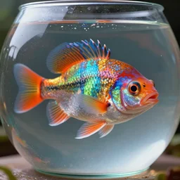 hyper - realistic portrait of colorful eye - catching fish in glass bowl, photorealism, very sharp focus, 3 d render, portrait photography, volumetric lighting, insanely detailed, artstation, 4 k, 8 k