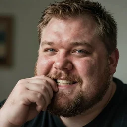 a fat british virgin with a beard biting his bottom lip, chubby face, tra realistic, cinematic, 8 k