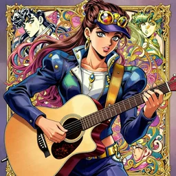 Ariana Grande playing acoustic guitar, colorful, graphic design, manga, highly detailed, beauty, art by Hirohiko Araki, intricate, elegant, J. C. Leyendecker, jojo bizarre adventure