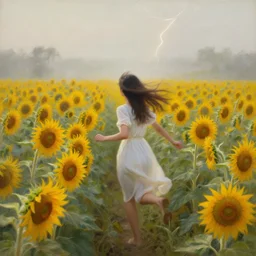 a girl slowly running through amazing tall sunflower field, hair flowing, dynamic hands position, fog, early morning lightning, subtle, intricate details, real masterpiece, oil on canvas, by somsak anong