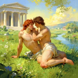 achilles and patroclus in elysium, beautiful, sunlit landscape, river, flowers, greek temple, grass, ultra realistic, ethereal, vibrant, octane render, alphonse mucha, rossdraws, greg rutkowski, illustration, very detailed, elegant, lonely atmosphere, sharp focus, vibrant