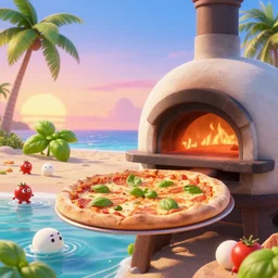 a highly detailed pizza in a wood fired oven on a tropical beach in the sunset, basil growing on palm trees, little tomato characters and mozzarella ball characters are playing in the water, hyper realistic 3 d octane render, 4 k movie still by pixar