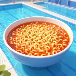 an olympic sized swimming pool filled with spicy ramen.