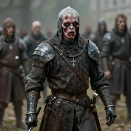 a bokeh photo of a zombie swordsman from the middle ages, documentary film, an ultrafine detailed painting by james jean, cgsociety, figurative art, detailed painting, dystopian art, high detail greg rutkowski and andreas rocha, tristan eaton, victo ngai, artgerm, rhads, ross draws