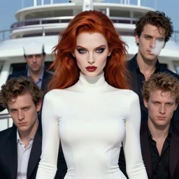 beautiful pale vampire with auburn hair in a white turtleneck dress, on a super yacht, by guweiz and wlop and ilya kuvshinov and and moebius, artgerm, symmetrical eyes, aesthetic, gorgeous, stunning, alluring, attractive, half body portrait, fine details, detailed, artstation, deviantart, pinterest, digital art