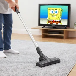 an elephant vacuuming a grey carpet with a television on in the background playing spongebob
