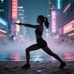 silhouette of a woman doing aerobics, seashore, swimsuit, muscle, neo - tokyo, futurism, neon signs, magic fog, 4 k, ultra detailed, ultra realism