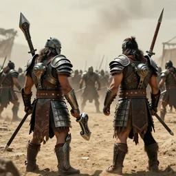 panorama photo of two ancient tribesman  in armor from monster hunterin the distance, they have   futuristic weapons and stands in front of attacking barbarian horde in the background, back shot, muscular bodies, dramatic lighting, cinematic, establishing shot, extremely high detail, photorealistic, 300 the movie,monster hunter the movie, monster hunter, cinematic lighting, artstation, octane render, western,old photo, vintage