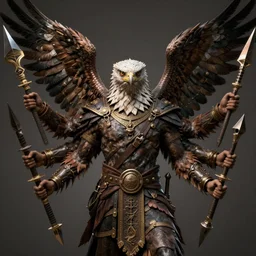 A man with the head of an eagle and six arms holding weapons; Octane Render, digital art, trending on Artstation, 8k, detailed, atmospheric, immaculate