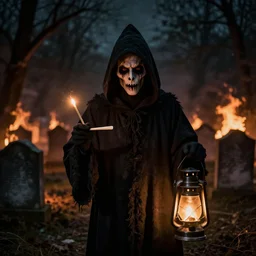 portrait photo still of a spooky grim reaper holding a match, lanterns, in front of an old cemetery on fire at night, 8 k, 8 5 mm f 1. 8