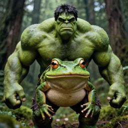 macro medium shot, rugged anthropomorphic muscular!!!!!!!!! oversized!!!!!!!! hulked!!!! frog as oversized green barbarian hunter in deep forest, kodachrome film still, by greg rutkowski