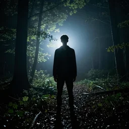 found footage sighting of a slender man at night in a forest, fog, volumetric lighting