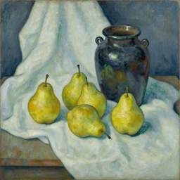 still life of pears and jars over drapery, artwork by gauguin