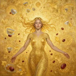 epic painting, full figure portrait of beautiful goddess with golden glow background, flying tea cups fractals and dried dates, drawing, photography by amy leibowitz, wlop, jeremy lipkin, beeple, intricate golden fractals, team leaves flying in the sky, symmetrical front portrait, artgerm