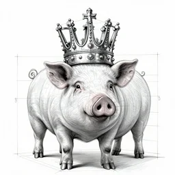 technical drawing of a pig wearing a large crown, blueprint, realistic, detailed