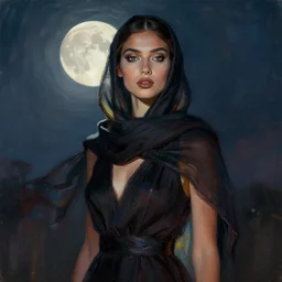 detailed portrait in daring femininity, ethnic, clear eyes, statuesque, gazelle - like, confident realistic face, dark gown and scarf, bathed in moonlight, chiaroscuro, backlit, impressionism, sense of motion, natural color scheme, contrasting highlights, modern fashion, contemporary, deep rich hues, illustration