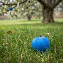 a blue Apple fallen from an apple tree in a field