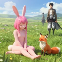 🐇👧🏽💞🦊👧🏻 sitting on field, made by ilya kuvshinov, made in abyss and artgem lau, inspired in made in abyss, attack on titan and balthus, anatomically correct, smooth, gelbooru, pixiv, unreal engine, realistic, sharp focus