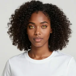 black woman with golden eyes, curly hair, white t - shirt, jacket over top, freckles, illustration, high quality drawing, cartoon style