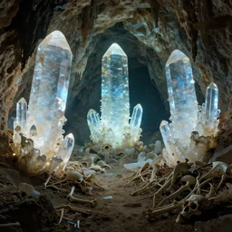 a cave with huge glowing crystals in the walls and piles of bones on the floor, art by donato giancola and greg rutkowski, volumetric lighting, 4 k