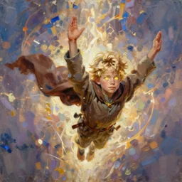 blonde boy with golden eyes wearing a brown cape and flying in t pose, energy background, brush strokes, greg rutkowski, oil painting