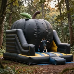 huge matte black adult bouncy castle playground in big fruits form like a big puffer, on the forest, style by anish kapoor, parts by shih chieh huang, warm soft light, shallow depth of field realistic, 8 k, hyperrealism, subsurface scattering, raytracing