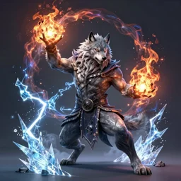 magic humanoid strong wolf sorcerer casting a powerful arcane magic spell, fire, ice, lightning, fantasy, occult, mystical, majestic pose, medium shot, dramatic lighting, cinematic scene, frank frazetta, visually stunning, sharp focus, highly detailed, colorful, trending on artstation, unreal engine, octane render, cgsociety, artgerm, award - winning
