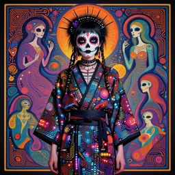 cute punk goth fashion hippy fractal Día de los Muertos alien girl wearing kimono made of circuits and leds by Zhang Jingna, poster art by Dan Mumford Kilian Eng Hannah Jeffrey Smith Rick Griffin Alphonse Mucha