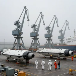 a foggy shipyard with huge cranes, docked spaceships, astronauts and workers with helmets and orange suits, hyperrealism, no blur, 4k resolution, ultra detailed, style of John Berkey, Norman Rockwell, Hans Thoma, Ivan Shishkin, Tyler Edlin, Thomas Kinkade