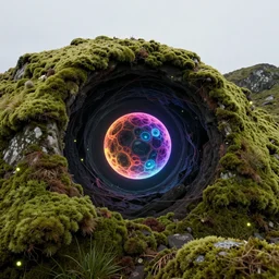 looping wormhole, quantum physics cell, nucleus, high moss mountains inside hollow earth jewelry mine full colored, fireflies, clean sky, hight contrast, void, 8 k resolution, unreal engine 5, hyper - detailed, perspective view, 2 4 mm lens, by beeple, justin gerard