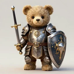 teddy bear with armor, sword, and shield, concept art, detailed ornate character design