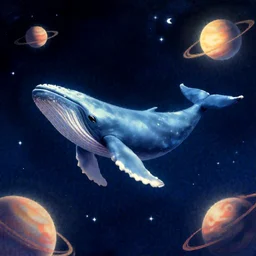 a whale floating through space with stars and planets, diffused light, retro, golden ratio, 8 k in style of ivan bilibin,