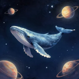 a whale floating through space with stars and planets, diffused light, retro, golden ratio, 8 k in style of ivan bilibin,