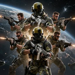 epic portrait of a team call of duty infinite warfare fighting in space, extremely detailed, in the style of Jim Burns by Robert McCall, 4k, 8k, HD, trending on artstation